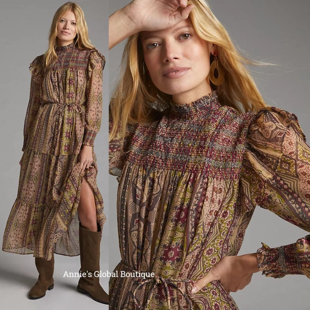 NWT ANTHROPOLOGIE Llani Smocked Tiered Midi Dress. Size M - Picture 16 of 16